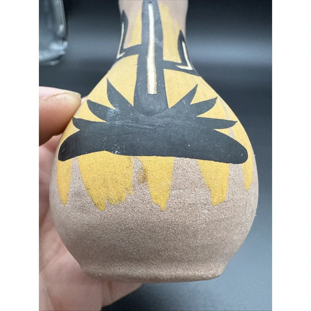 Mini Mexican‎ Style Cactus Carved Pottery Vase Hand Painted 4.5 In Signed AZ.